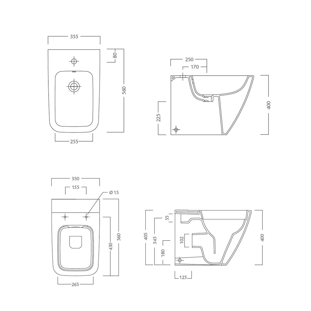 Sanitari filomuro con bidet e wc Rimless a scarico universale e sedile soft close modello Metrica Pozzi Ginori cm 56