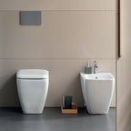 Sanitari filomuro con bidet e wc Rimless a scarico universale e sedile soft close modello Metrica Pozzi Ginori cm 56