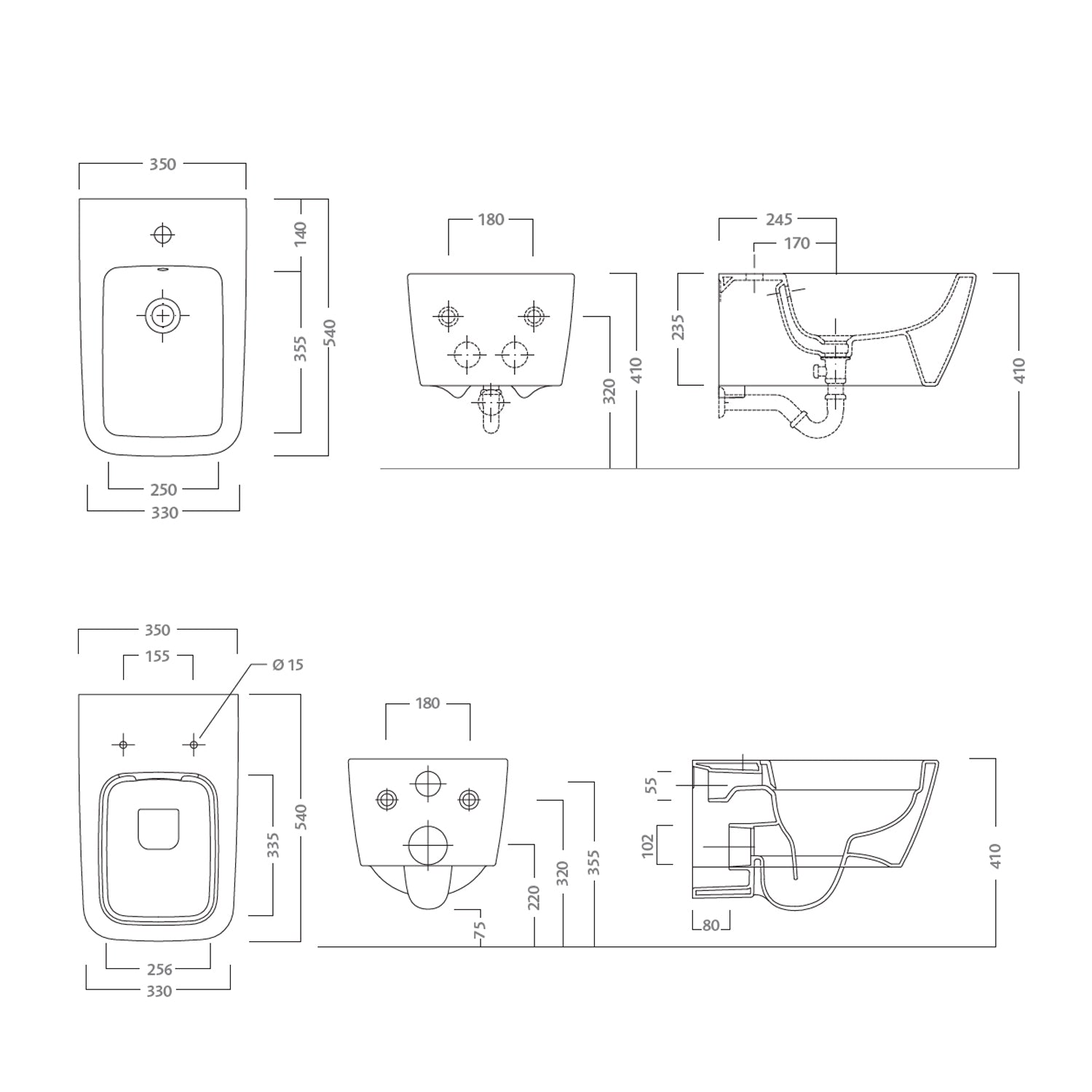 Sanitari sospesi bidet e wc Rimless con sedile soft close modello Metrica Pozzi Ginori cm 54