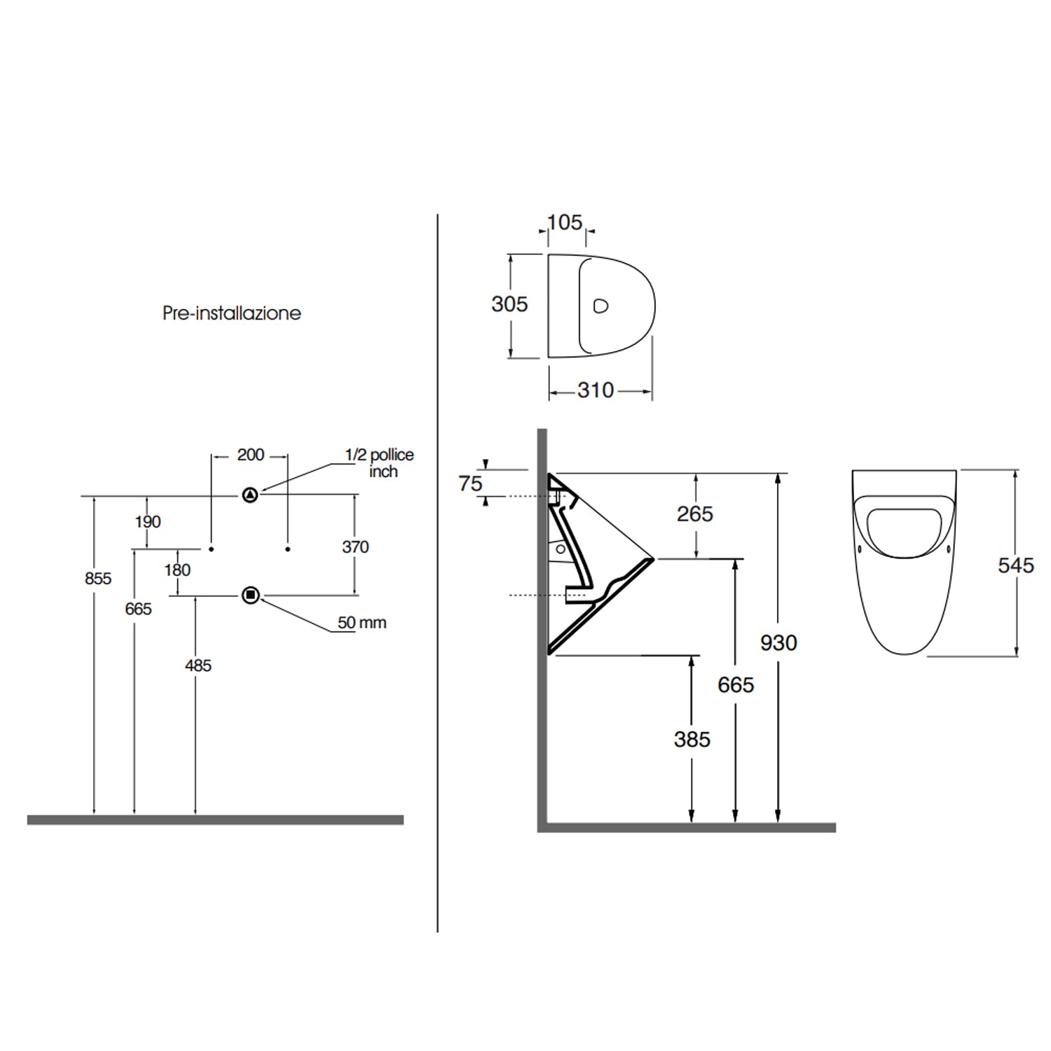 Orinatoio a parete senza fori Azzurra serie Forma 30