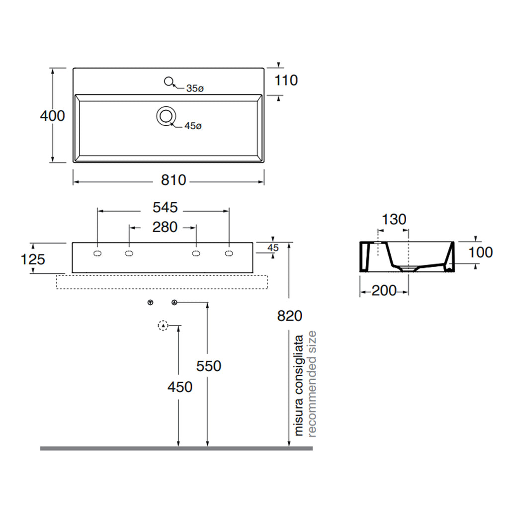 Lavabo appoggio/sospeso Azzurra serie Elegance Squared 81x40 cm - Bianco lucido