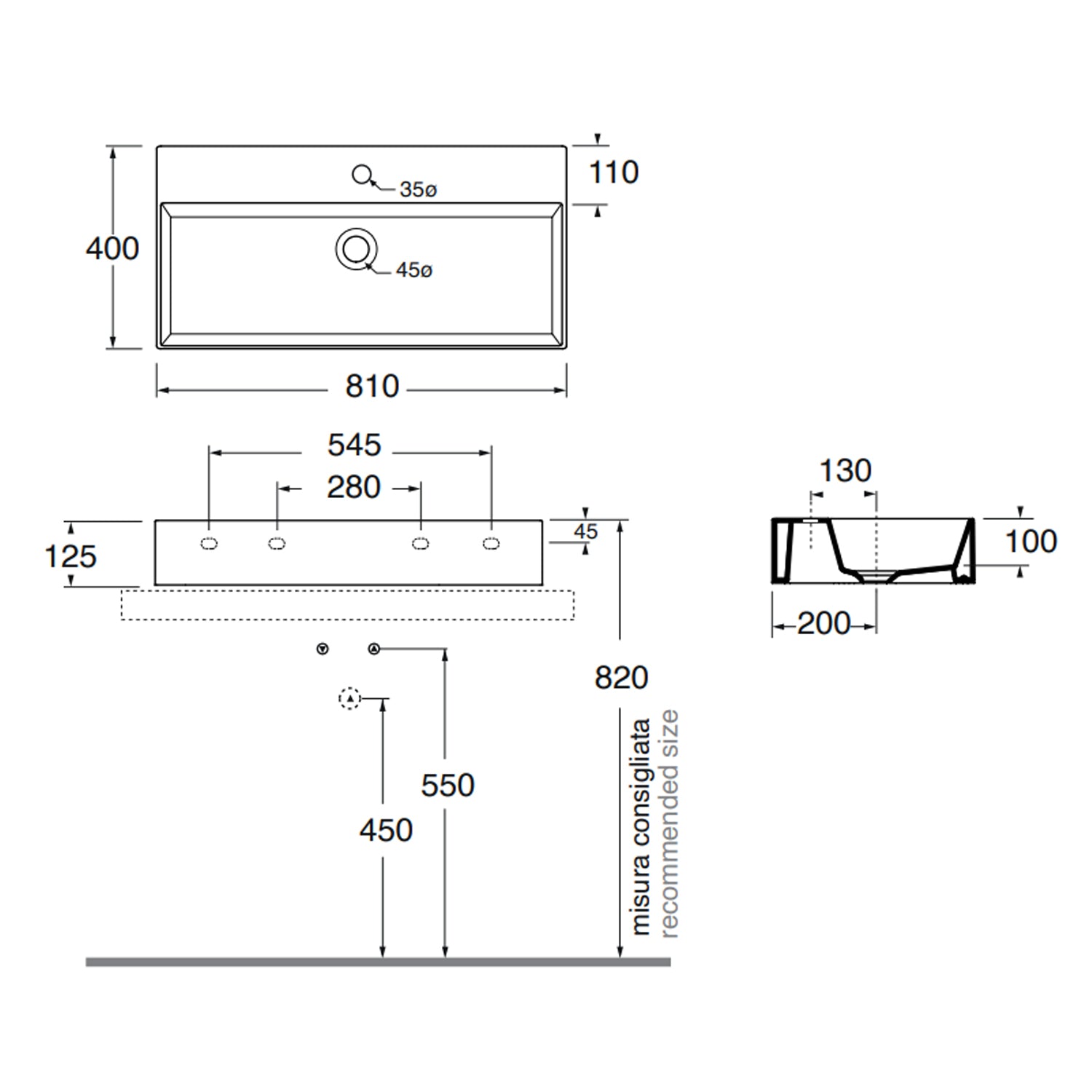 Lavabo appoggio/sospeso Azzurra serie Elegance Squared 81x40 cm - Bianco lucido