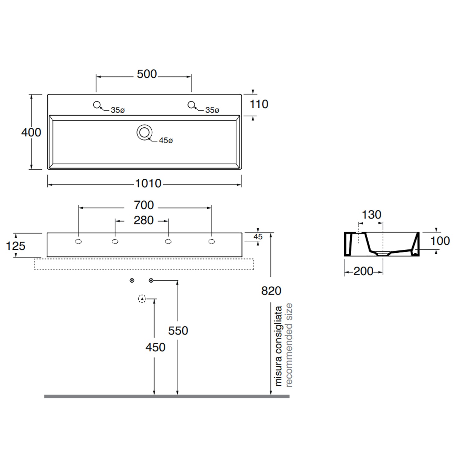 Lavabo appoggio/sospeso Azzurra serie Elegance Squared 102x40 cm - Bianco lucido