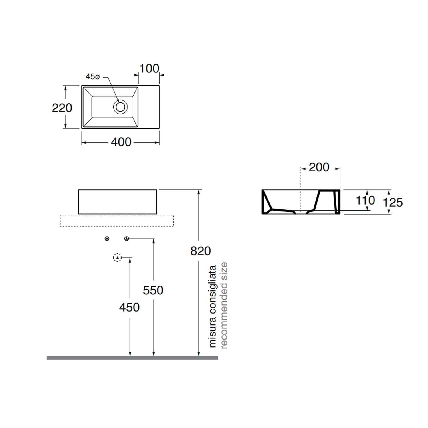 Lavabo da appoggio Azzurra Elegance Squared 40x22x12