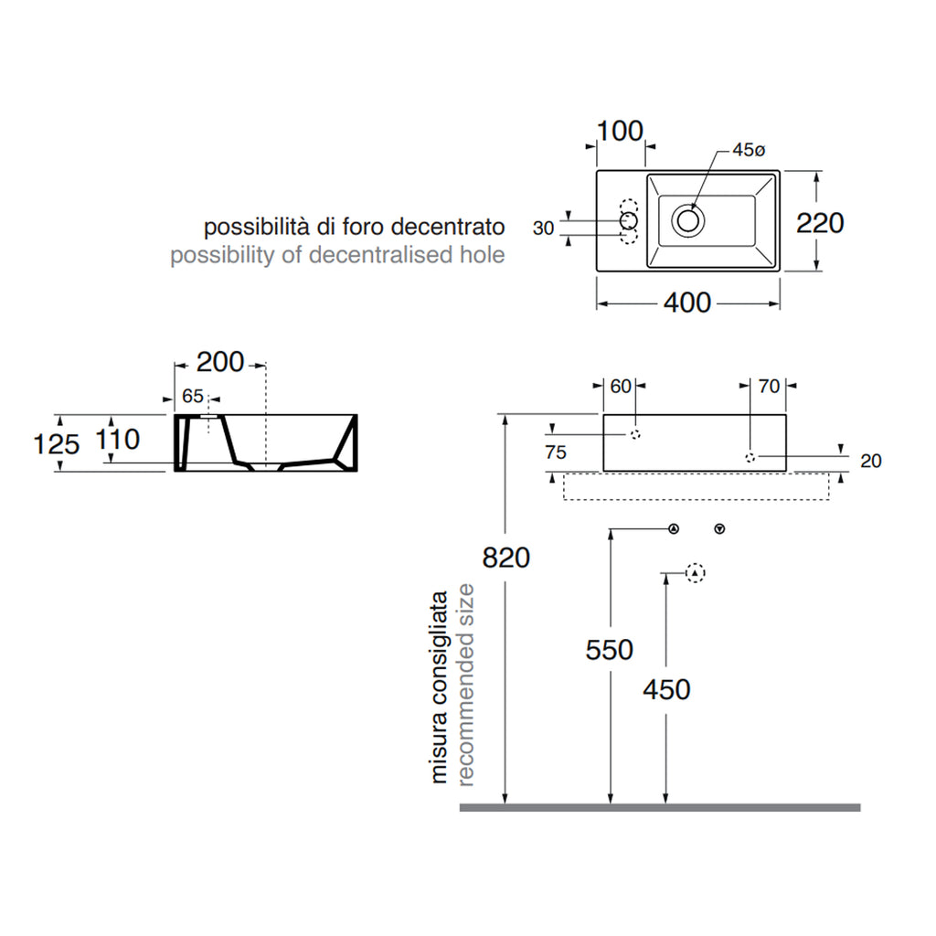 Lavabo sospeso con piano a sinistra Azzurra Elegance Squared 40x22x12
