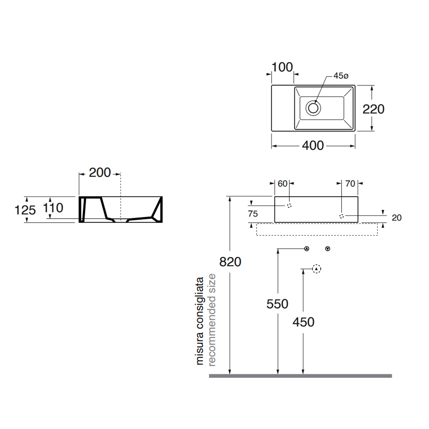 Lavabo sospeso con piano a sinistra Azzurra Elegance Squared 40x22x12