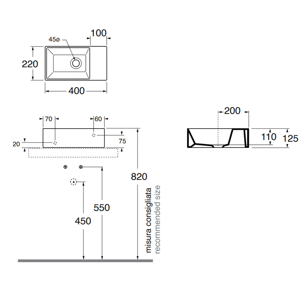 Lavabo sospeso con piano a destra Azzurra Elegance Squared 40x22x12
