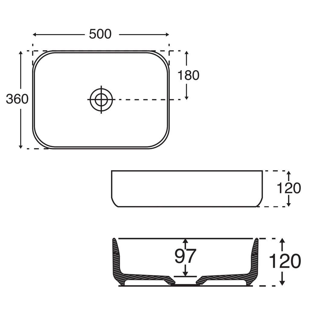 Lavabo da appoggio rettangolare con angoli smussati in ceramica bianco lucido BathCore serie Infinity cm 50x36