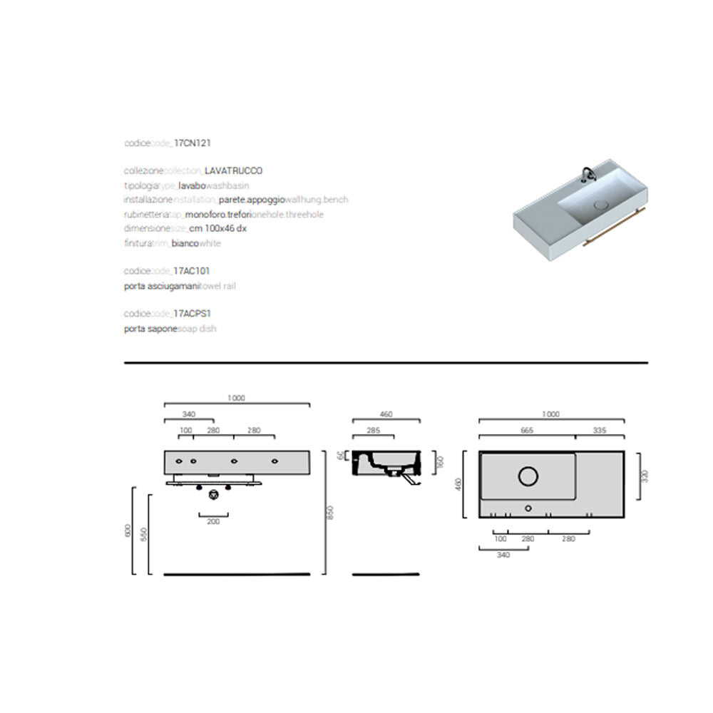 Lavabo lavatrucco vasca a destra Domus Falerii 100x46 cm installazione sospesa o da appoggio