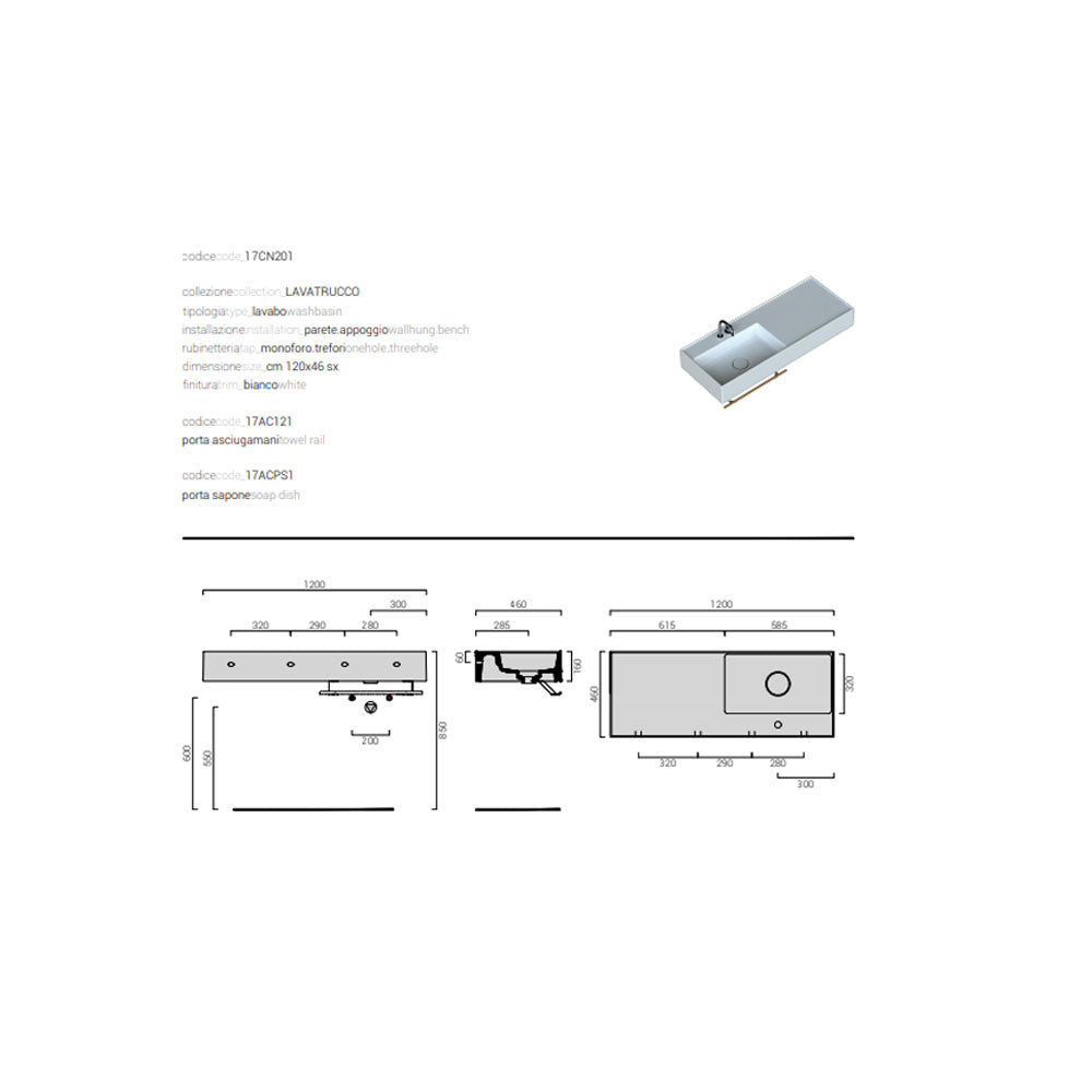 Lavabo lavatrucco vasca a sinistra Domus Falerii 120x46 cm installazione sospesa o da appoggio