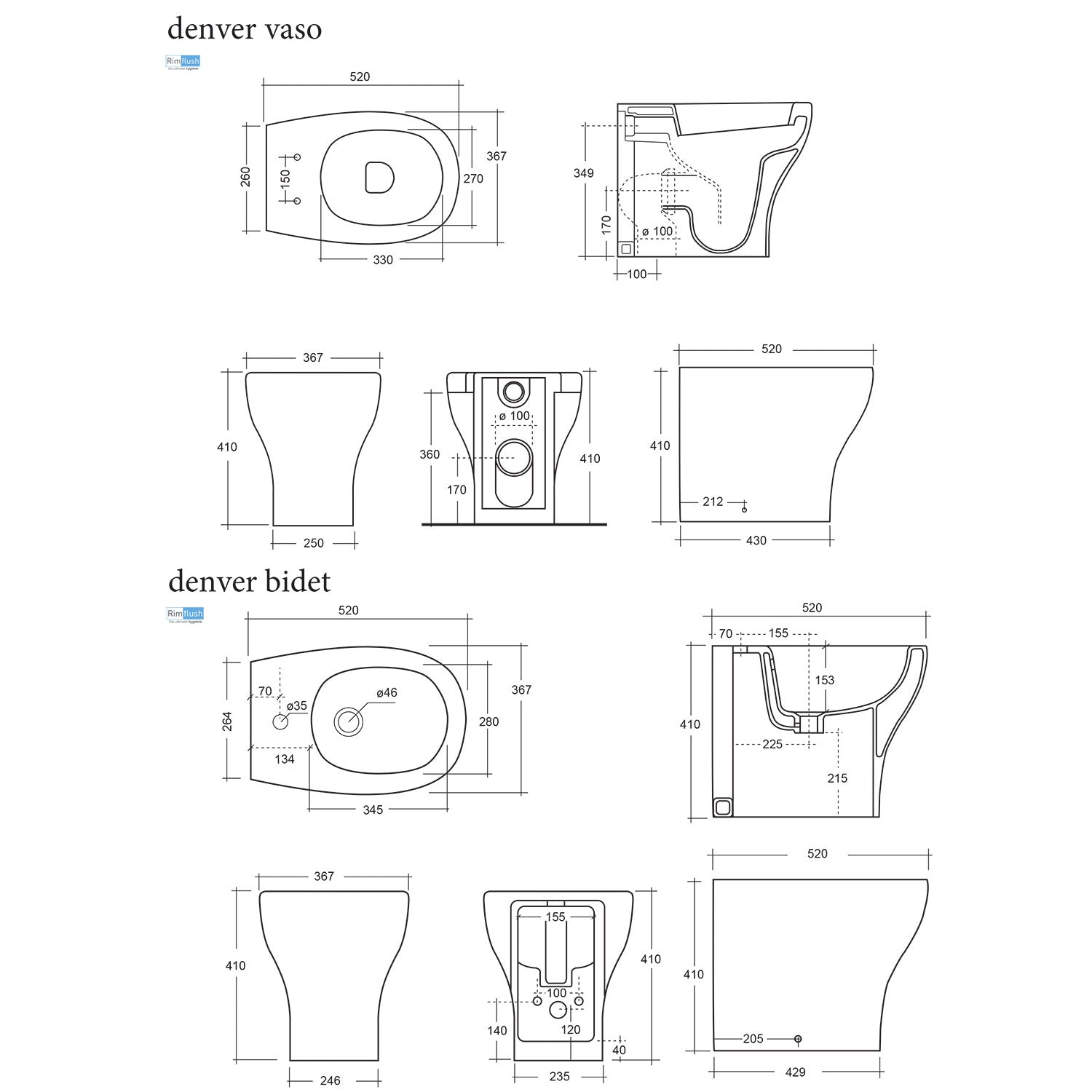 Sanitari filomuro senza brida Innova Denver wc