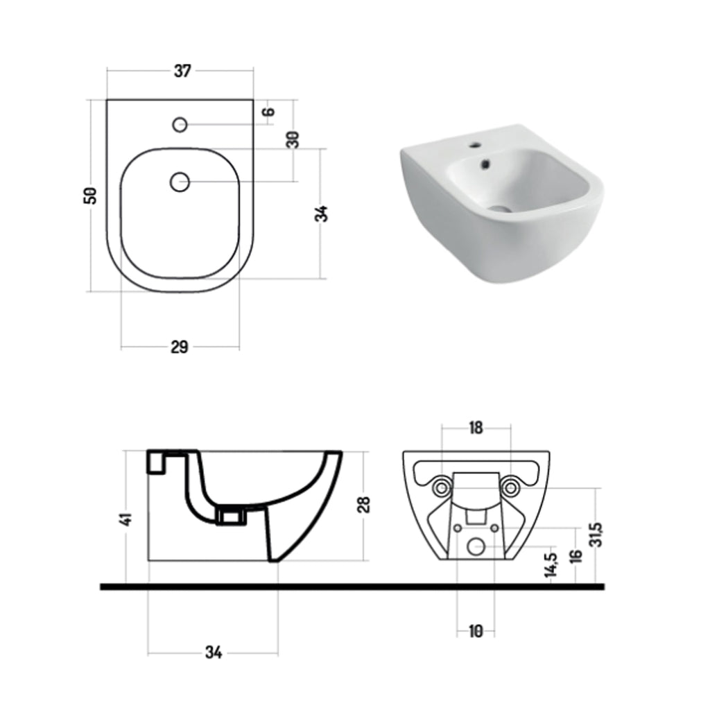 Bidet sospeso serie Forever 50 in ceramica bianca lucida - Disegno Ceramica