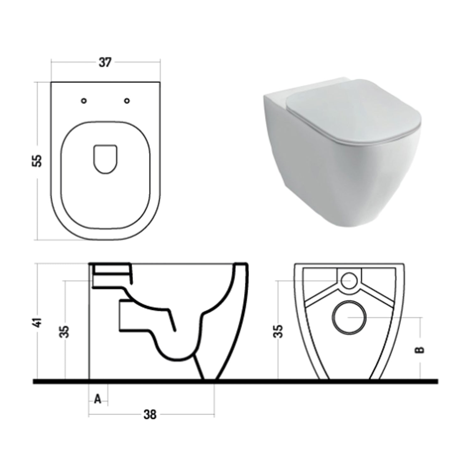 Wc filomuro con scarico traslato serie Forever 55 in ceramica con coprivaso chiusura softclose - Disegno Ceramica