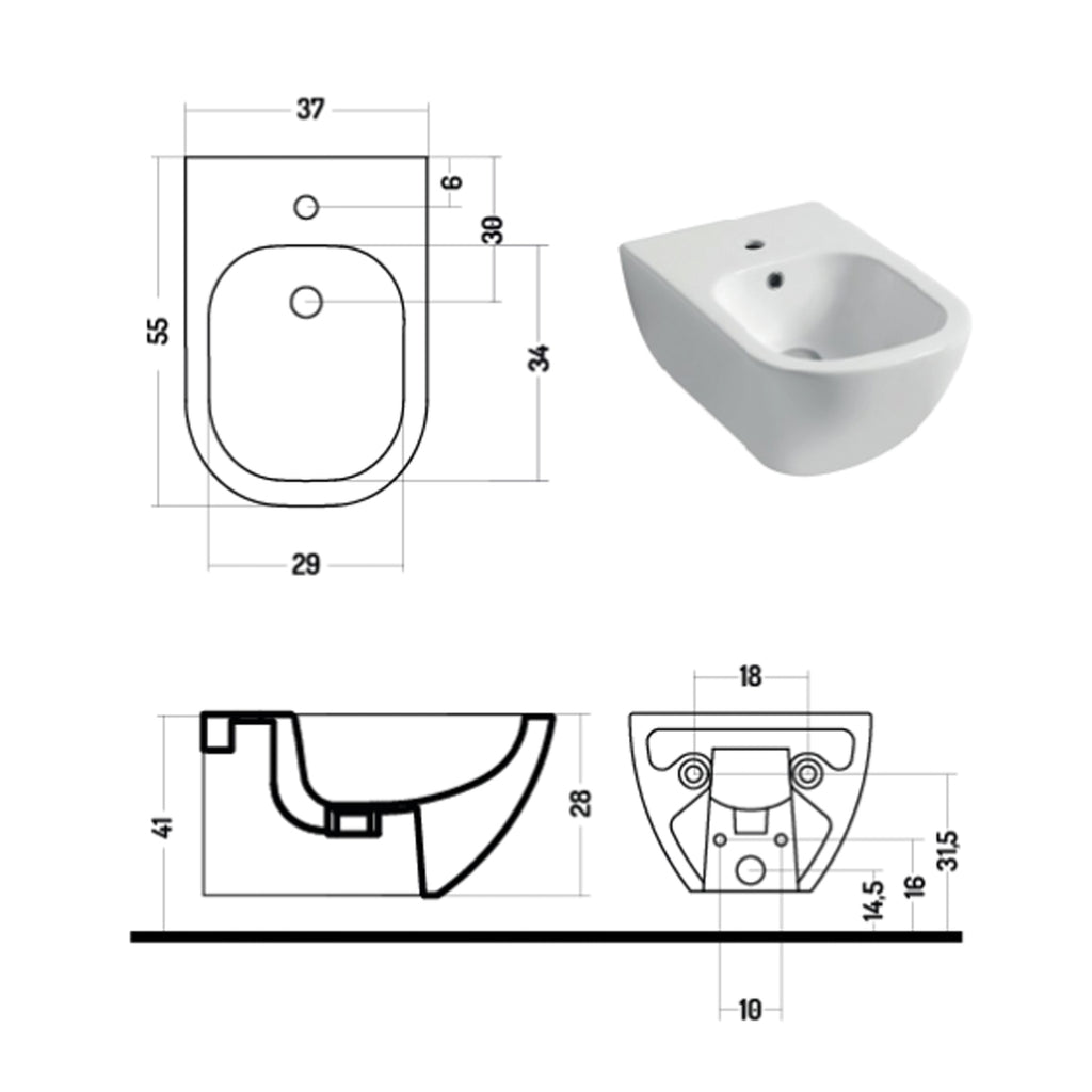 Bidet sospeso serie Forever 55 in ceramica bianca lucida - Disegno Ceramica