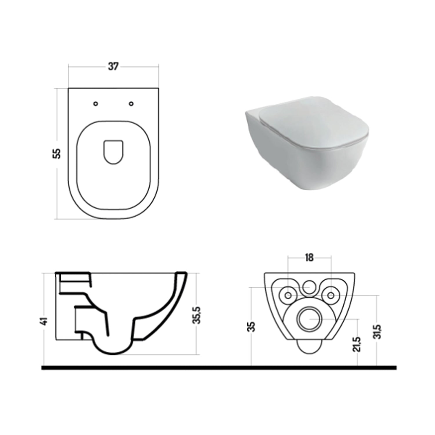 Wc sospeso serie Forever 55 in ceramica bianca lucida con coprivaso chiusura rallentata- Disegno Ceramica