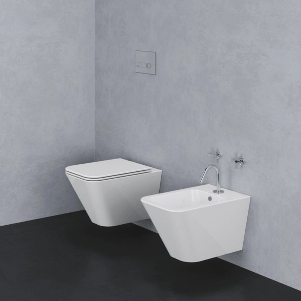 Vaso sospeso modello Build 55x36 x H32 cm con Copriwater di Ceramica Azzurra - Bianco Lucido
