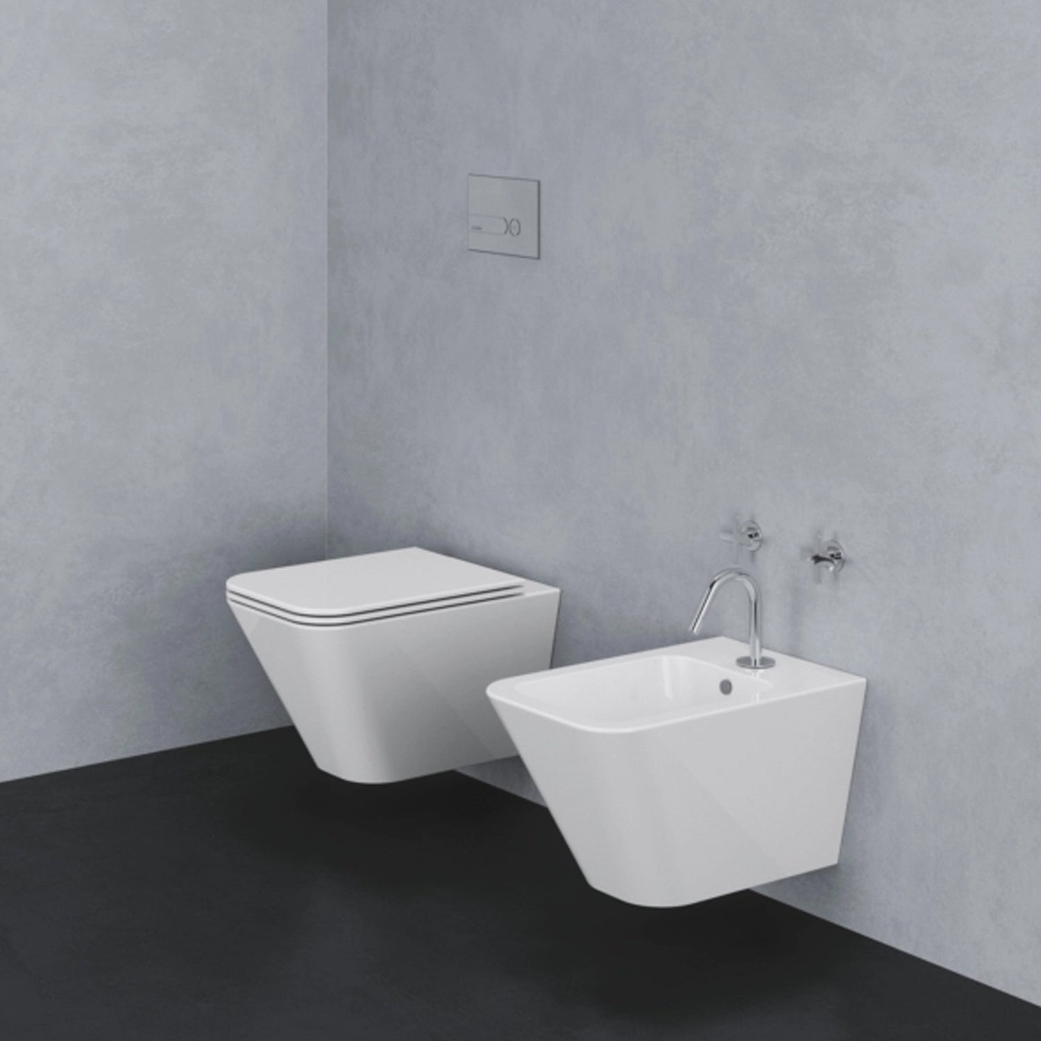 Vaso sospeso modello Build 55x36 x H32 cm con Copriwater di Ceramica Azzurra - Bianco Lucido