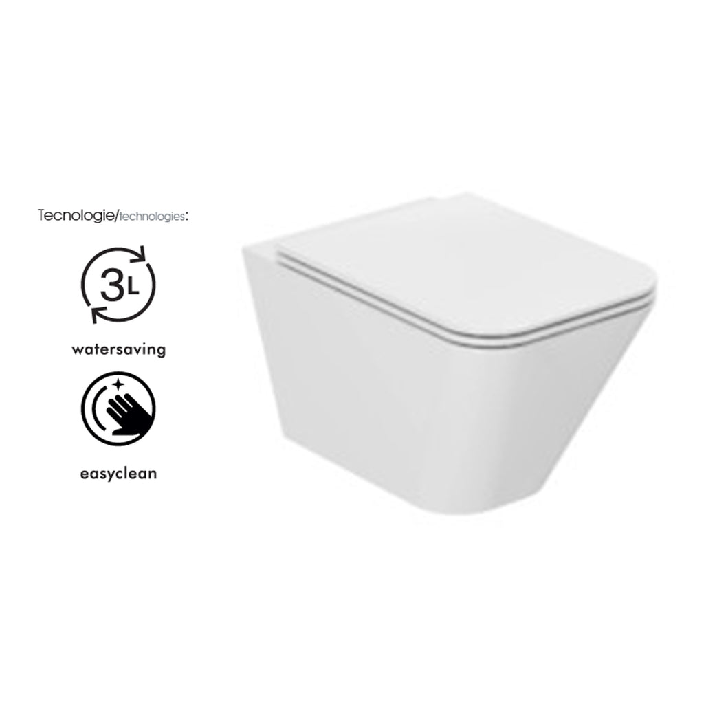 Vaso sospeso modello Build 55x36 x H32 cm con Copriwater di Ceramica Azzurra - Bianco Lucido