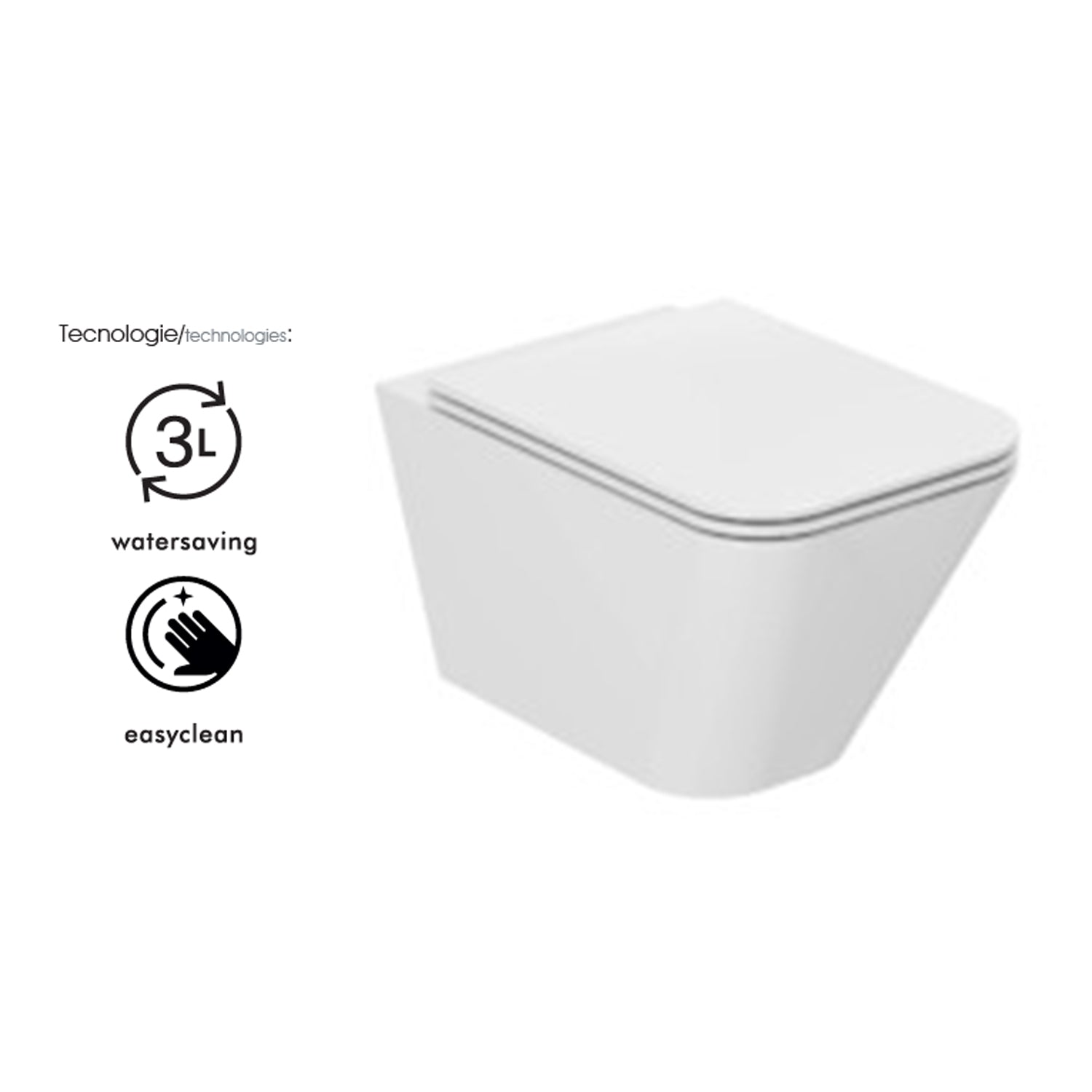Vaso sospeso modello Build 55x36 x H32 cm con Copriwater di Ceramica Azzurra - Bianco Lucido