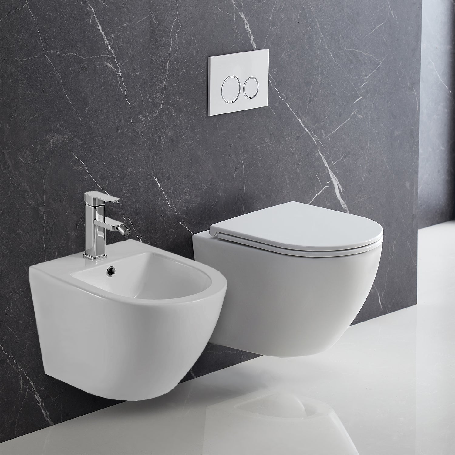 Sanitari bagno sospesi con copriwater BathCore modello Serenity Rimless/Tornado Quiet 49.5x36.5 cm - Bianco