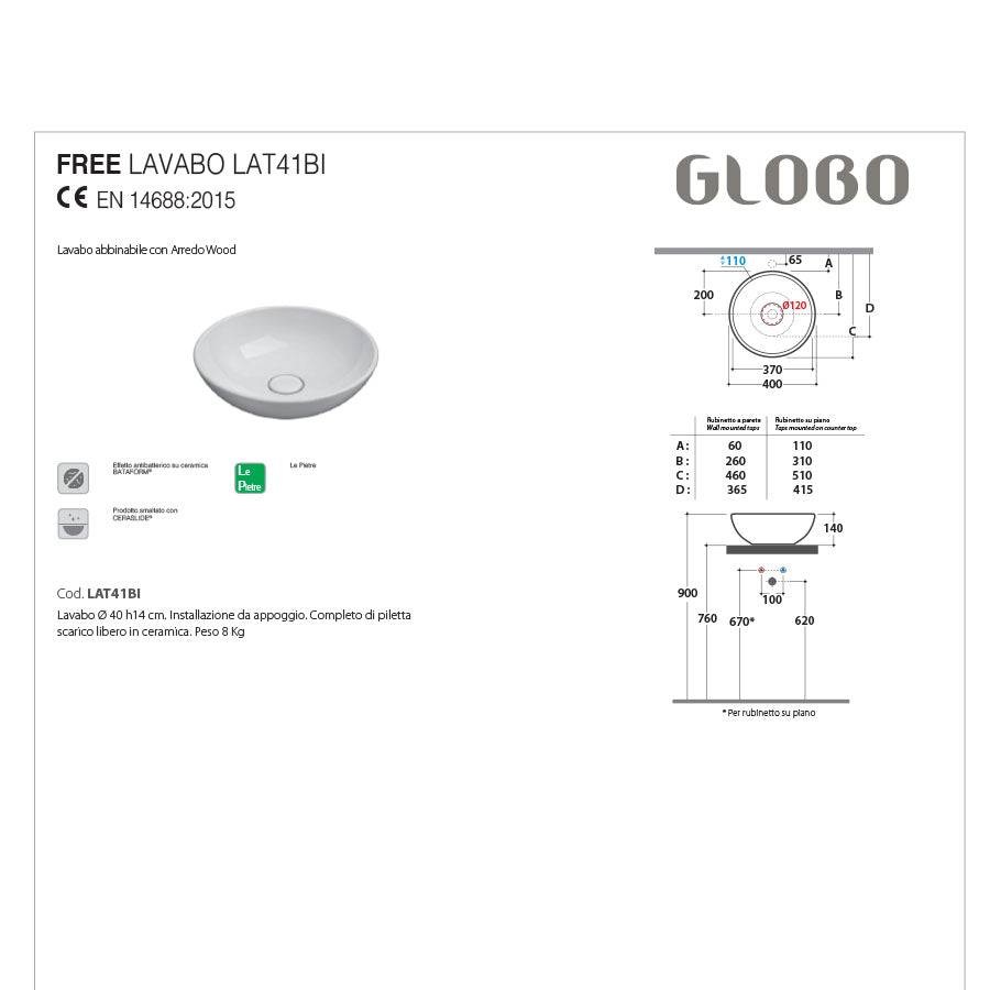Lavabo d'appoggio Free Le Pietre Ceramica Globo finitura peperino grigio diametro 40 cm