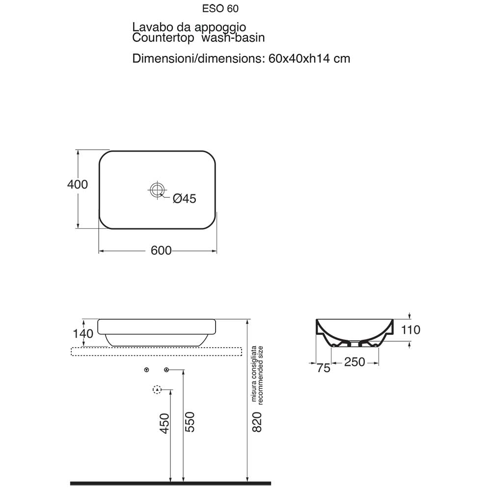 Lavabo da appoggio / semincasso Ceramica Azzurra Elegance 60X40