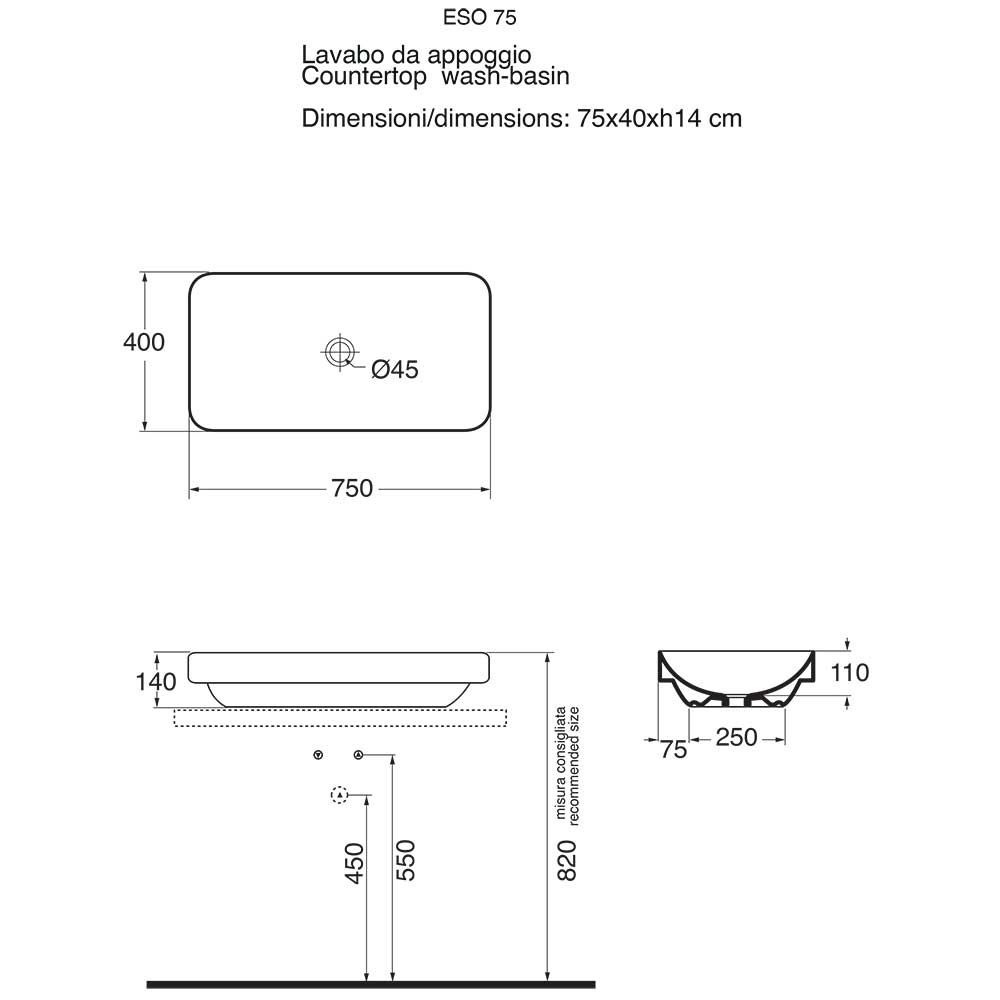 Lavabo da appoggio / semincasso Ceramica Azzurra Elegance 75X40