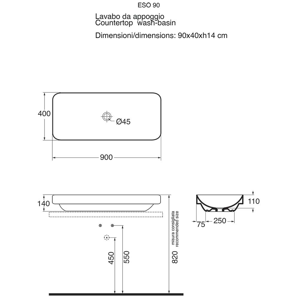 Lavabo da appoggio / semincasso Ceramica Azzurra Elegance 90X40