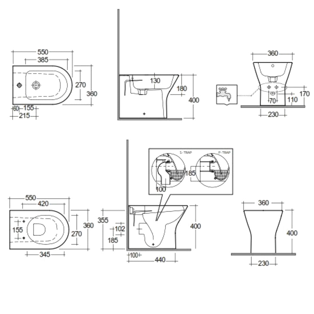 Sanitari Filomuro cm 36x55 mod. Sensation wc rimless+bidet+sedile soft close scarico universale Cappuccino Opaco