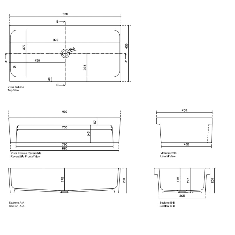 Lavabo a canale ceramica bianca 90x45x20 cm