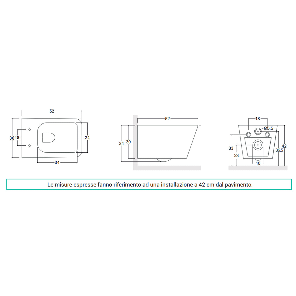 Set sanitari filomuro in ceramica bianco lucido con copriwater soft close BathCore serie Tela - L 36 x P 52 x H 34 cm