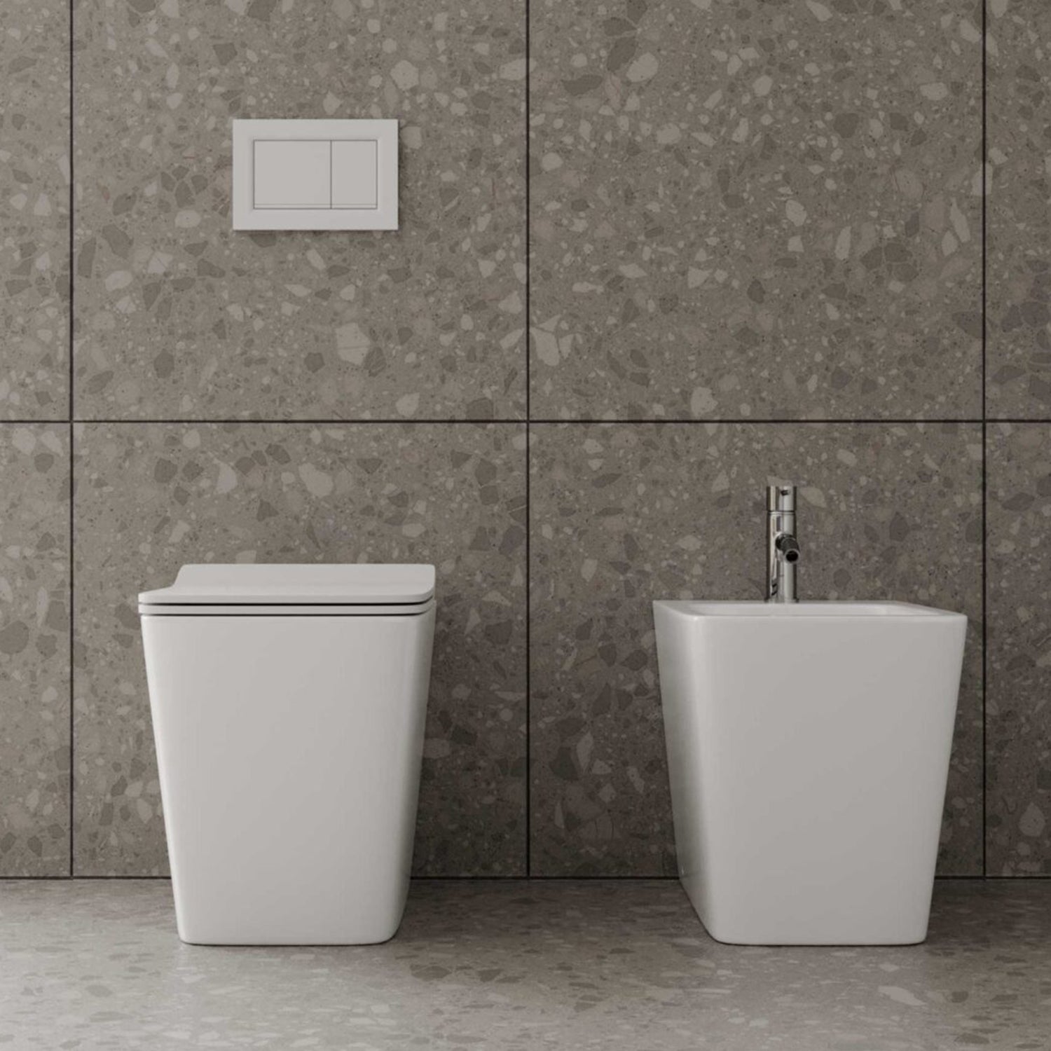 Set sanitari filomuro senza brida con copriwater soft close BathCore serie Tela - 56x36xH41 cm