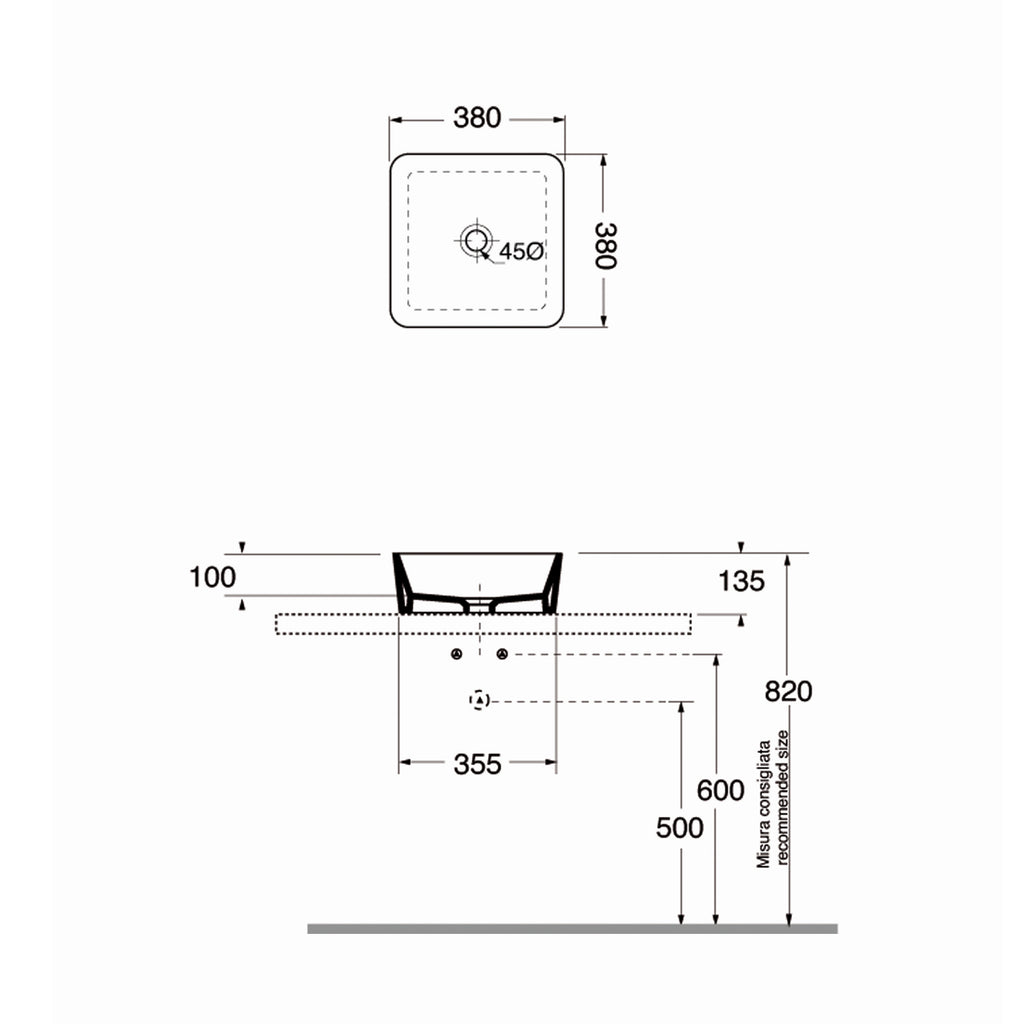 Lavabo appoggio Quadro 38cm in ceramica bianco lucido