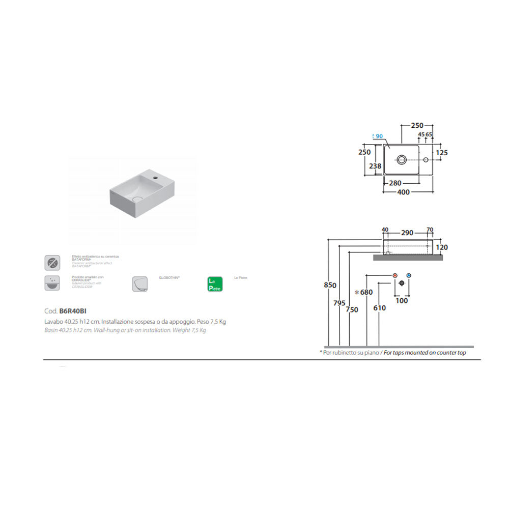 Lavabo da appoggio o sospeso T-Edge ceramica bianca lucida 40x25 peso 7