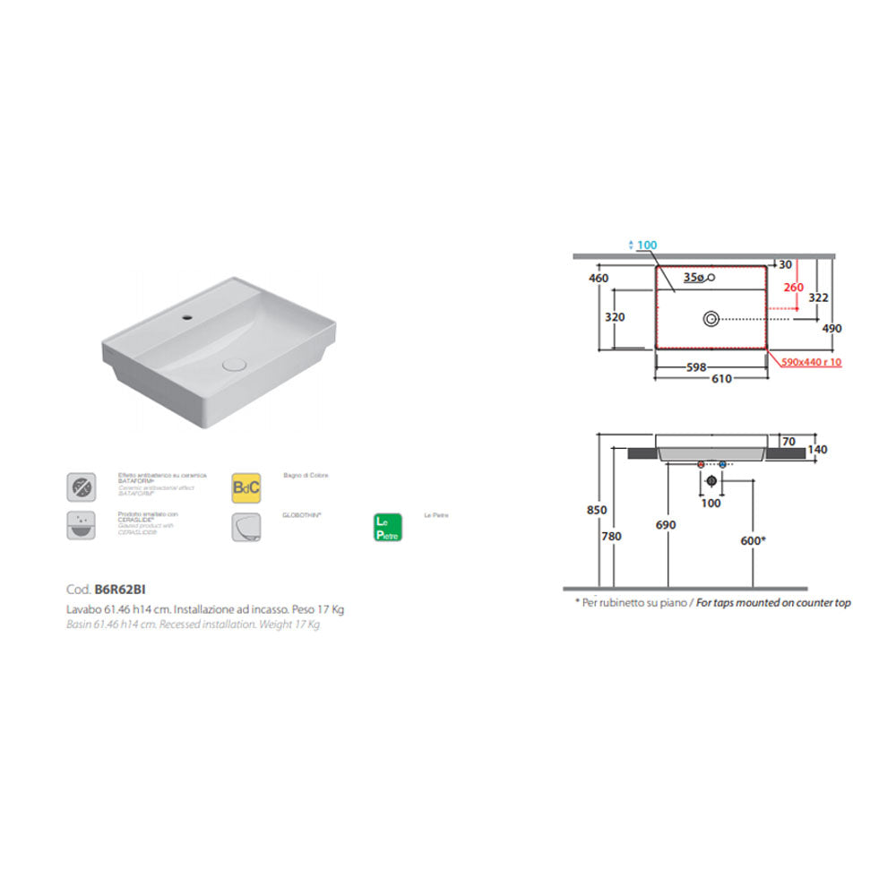 Lavabo ad incasso T-Edge ceramica bianca lucida 61x46 peso 17 kg