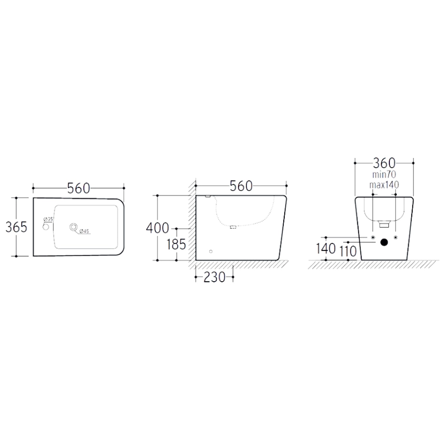 Sanitari filoparete con scarico universale e copriwater soft close modello Urban 56x36