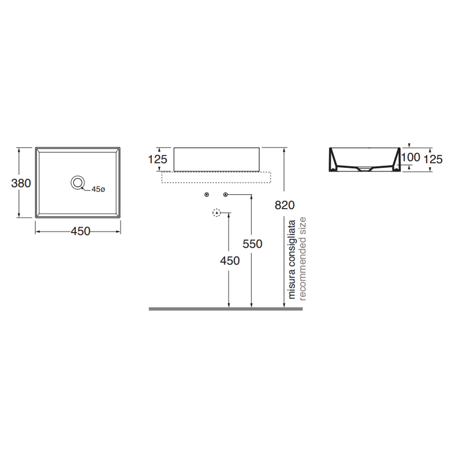 Lavabo da appoggio 45x38 cm Ceramica Azzurra Elegance Squared Bianco Lucido