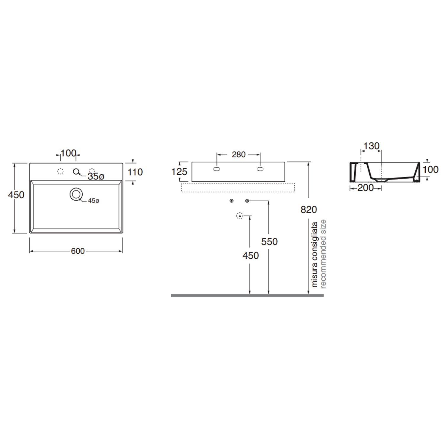 Lavabo da appoggio squadrato Ceramica Azzurra Elegance 60x45 cm senza foro rubinetteria