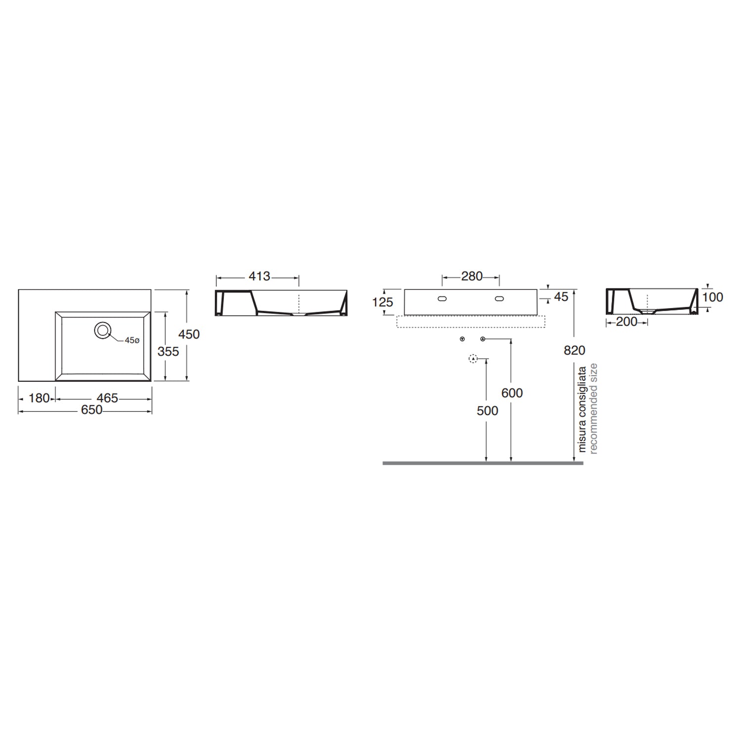 Lavabo da appoggio/sospeso squadrato di Ceramica Azzurra serie Elegance 65x45 cm con piano a sinistra