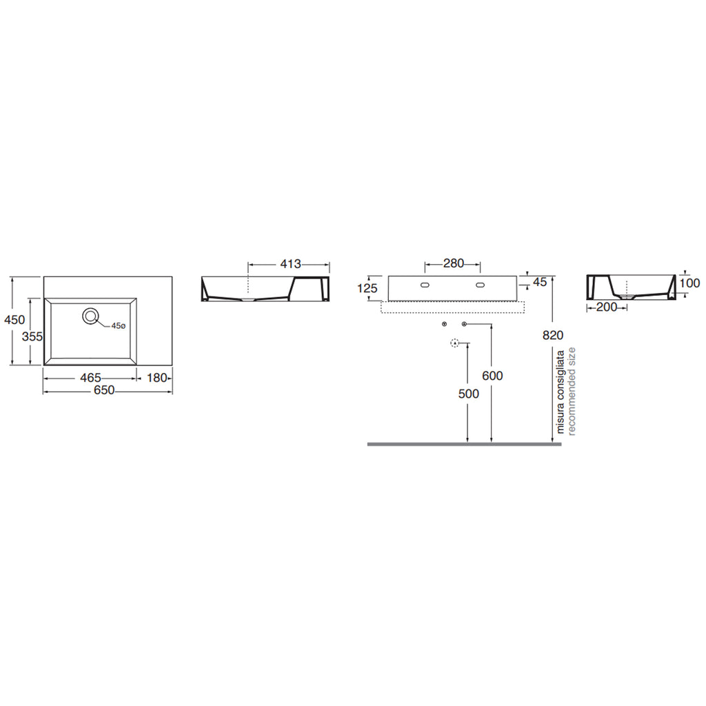 Lavabo da appoggio/sospeso squadrato di Ceramica Azzurra serie Elegance 65x45 cm con piano a destra