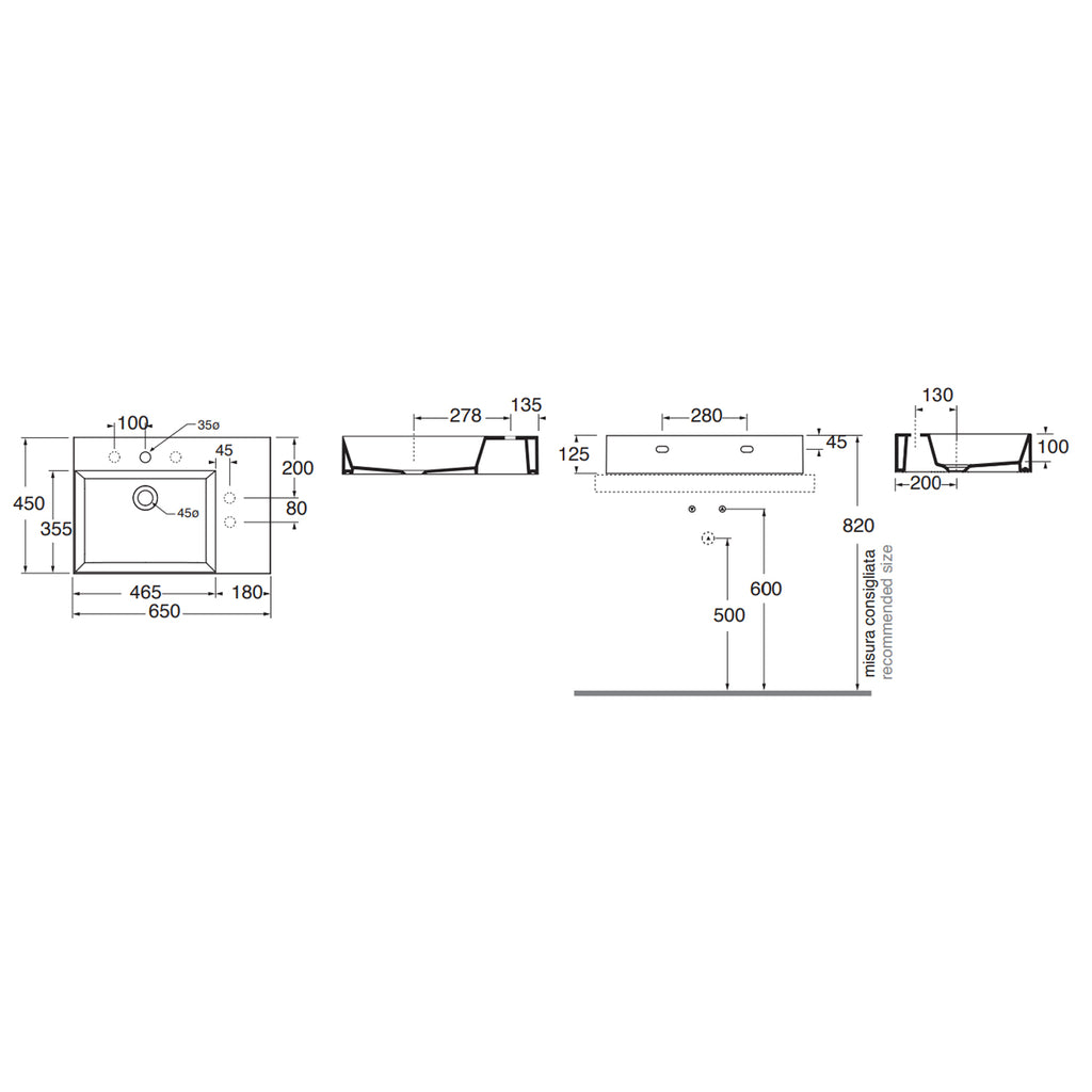 Lavabo da appoggio/sospeso squadrato di Ceramica Azzurra serie Elegance 65x45 cm con piano a destra e foro rubinetteria