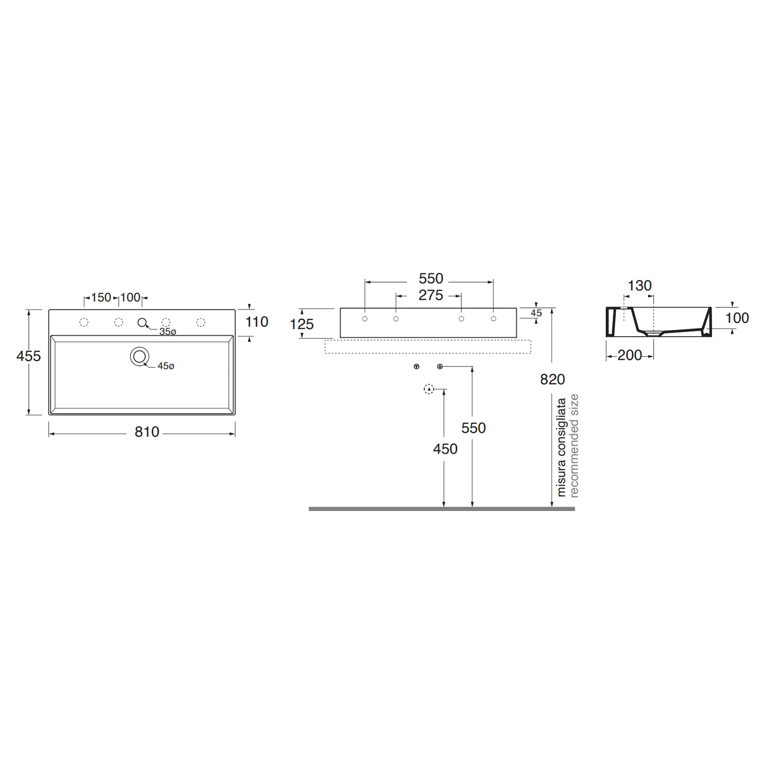 Lavabo da appoggio/sospeso squadrato Ceramica Azzurra Elegance 81x45 cm