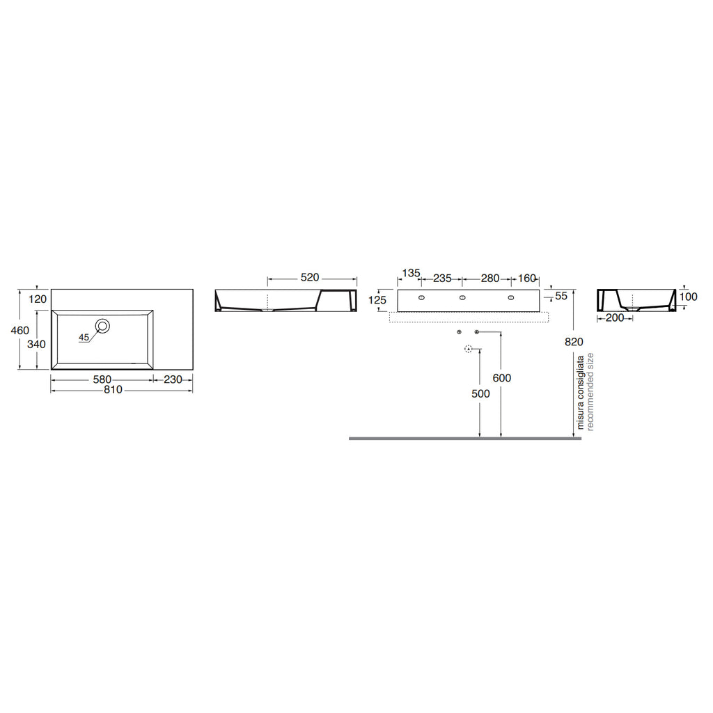 Lavabo da appoggio/sospeso squadrato di Ceramica Azzurra serie Elegance 81x46 cm con piano a destra
