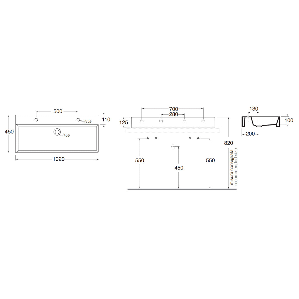 Lavabo da appoggio/sospeso squadrato Ceramica Azzurra Elegance 102x45 cm con doppio foro rubinetteria