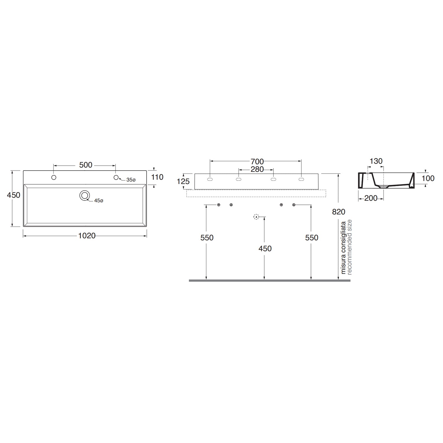 Lavabo da appoggio/sospeso squadrato Ceramica Azzurra Elegance 102x45 cm con doppio foro rubinetteria