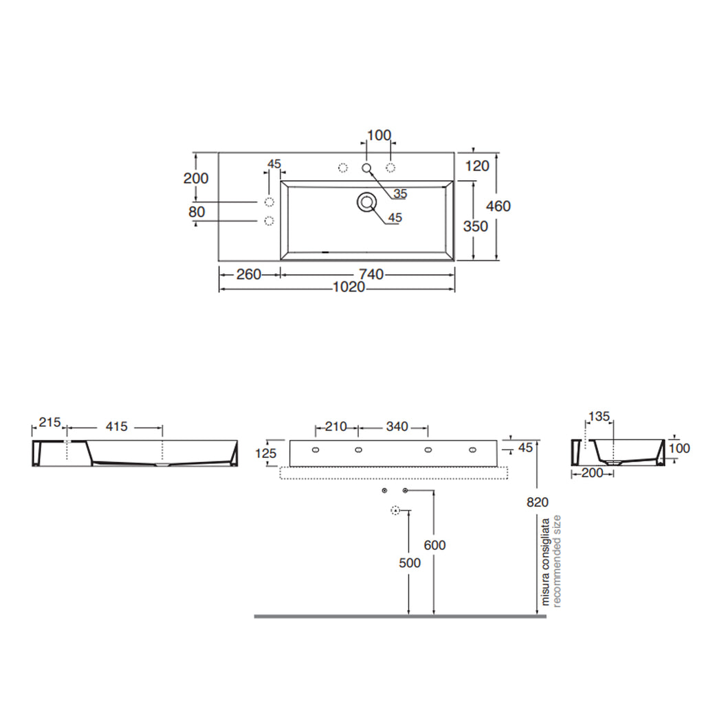 Lavabo da appoggio/sospeso squadrato di Ceramica Azzurra serie Elegance 102x46 cm con piano a sinistra e foro rubinetteria