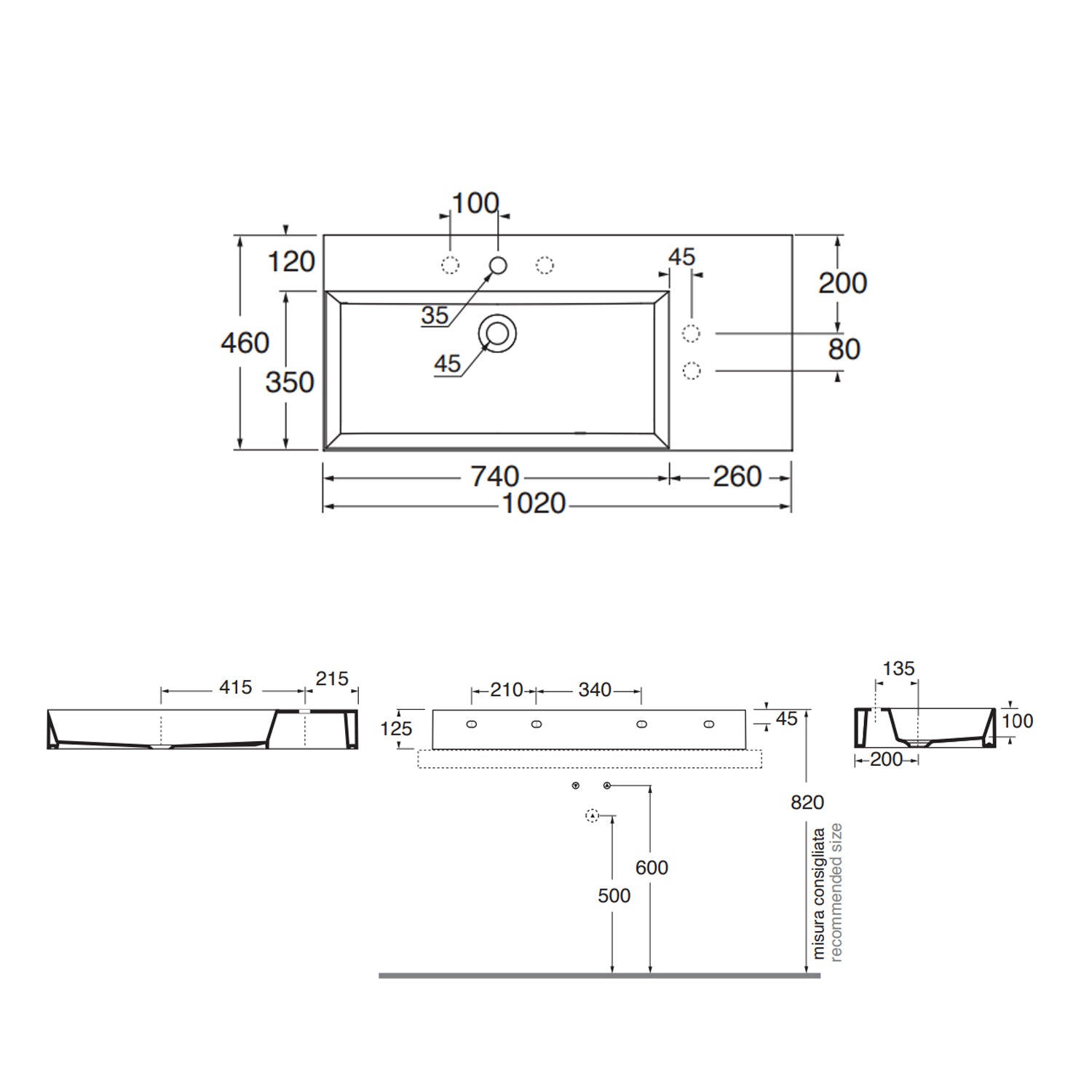 Lavabo da appoggio/sospeso squadrato di Ceramica Azzurra serie Elegance 102x46 cm con piano a destra e foro rubinetteria