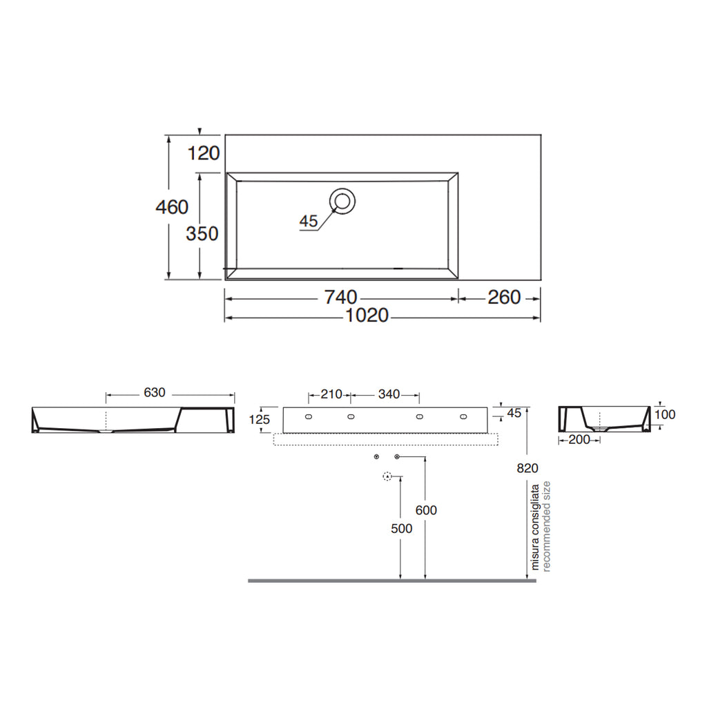 Lavabo da appoggio/sospeso squadrato di Ceramica Azzurra serie Elegance 102x46 cm con piano a destra