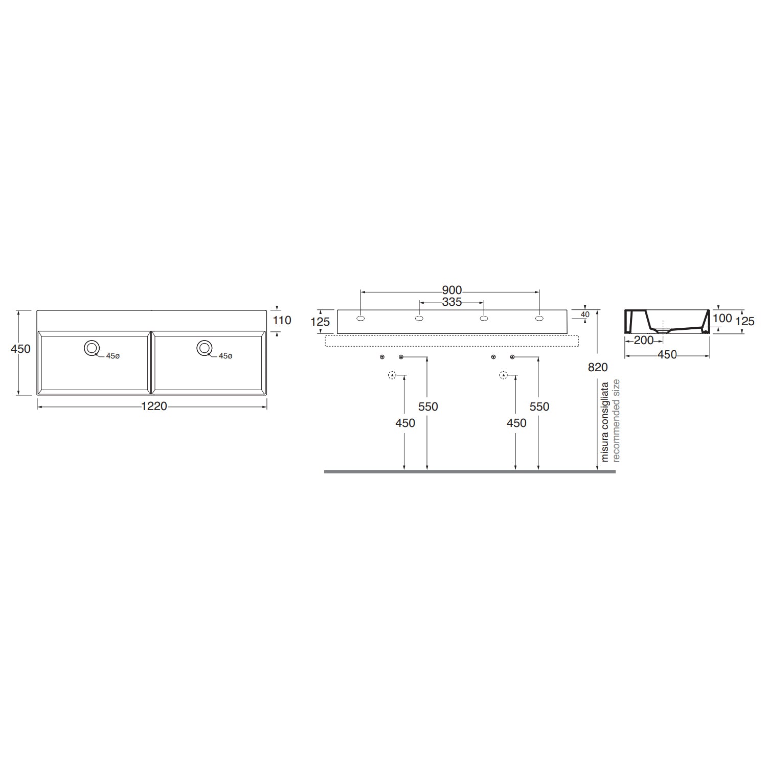 Lavabo da appoggio/sospeso squadrato con doppia vasca Ceramica Azzurra Elegance 122x45 cm