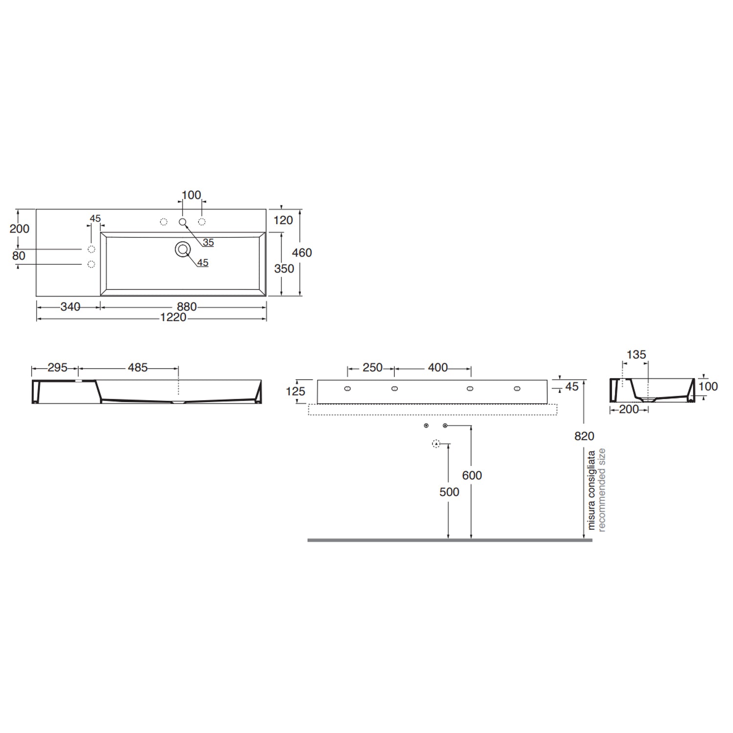 Lavabo da appoggio/sospeso squadrato di Ceramica Azzurra serie Elegance 122x46 cm con piano a sinistra e foro rubinetteria